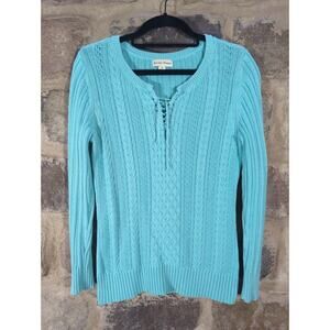 Studio‎ Works Sweater Woman's Medium Blue Cable Knit Lace Up Neck Minimalist